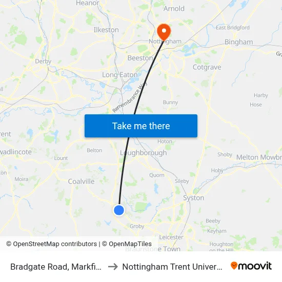Bradgate Road, Markfield to Nottingham Trent University map