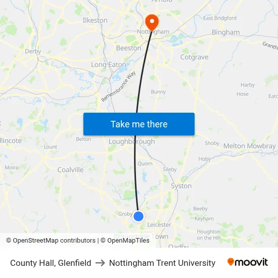County Hall, Glenfield to Nottingham Trent University map