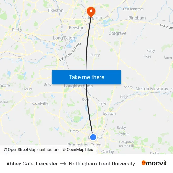 Abbey Gate, Leicester to Nottingham Trent University map