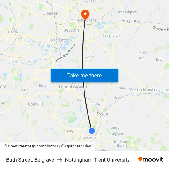 Bath Street, Belgrave to Nottingham Trent University map