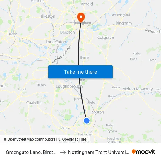 Greengate Lane, Birstall to Nottingham Trent University map