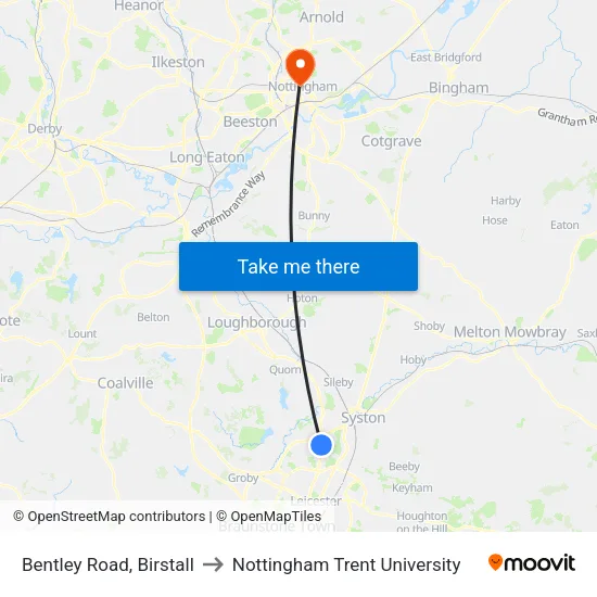 Bentley Road, Birstall to Nottingham Trent University map