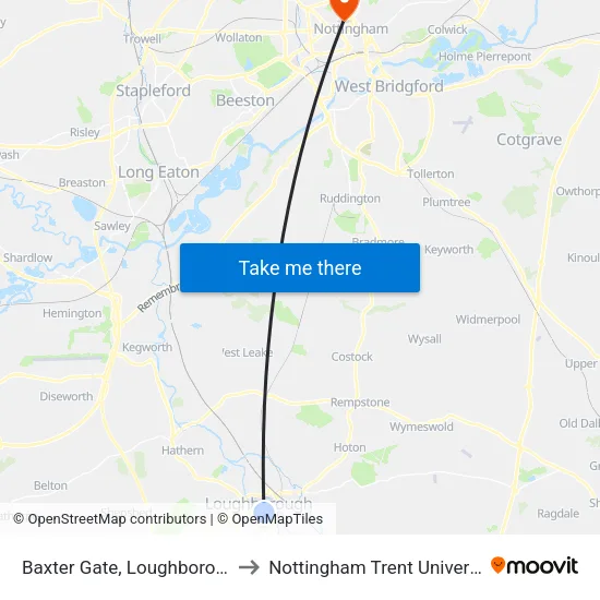 Baxter Gate, Loughborough to Nottingham Trent University map