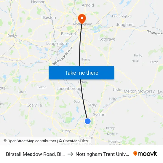 Birstall Meadow Road, Birstall to Nottingham Trent University map