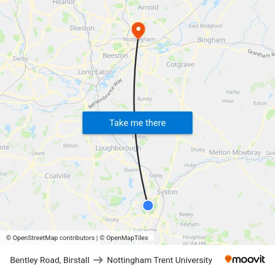 Bentley Road, Birstall to Nottingham Trent University map