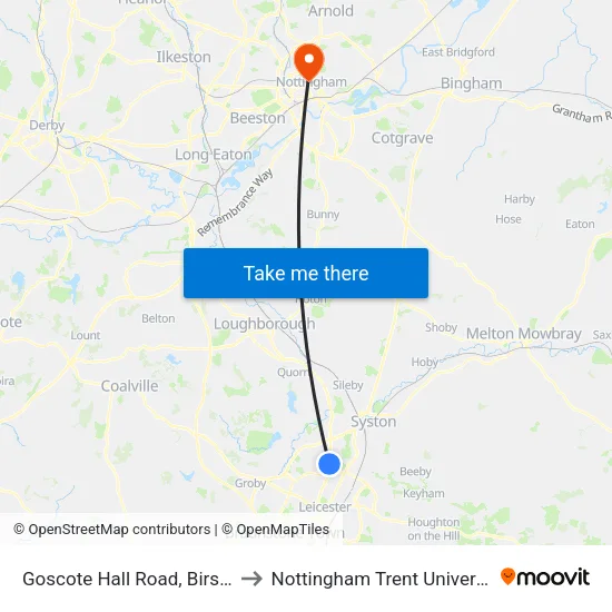 Goscote Hall Road, Birstall to Nottingham Trent University map