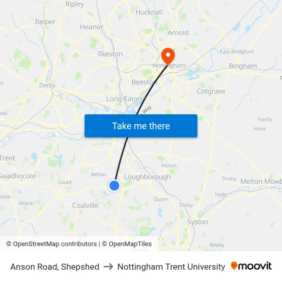 Anson Road, Shepshed to Nottingham Trent University map