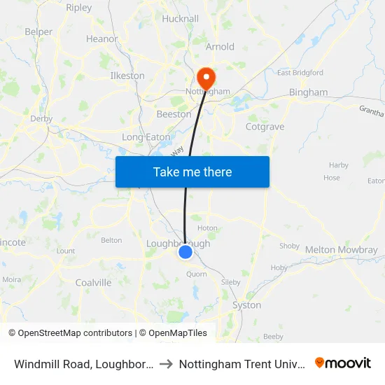 Windmill Road, Loughborough to Nottingham Trent University map