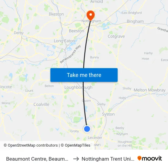 Beaumont Centre, Beaumont Leys to Nottingham Trent University map