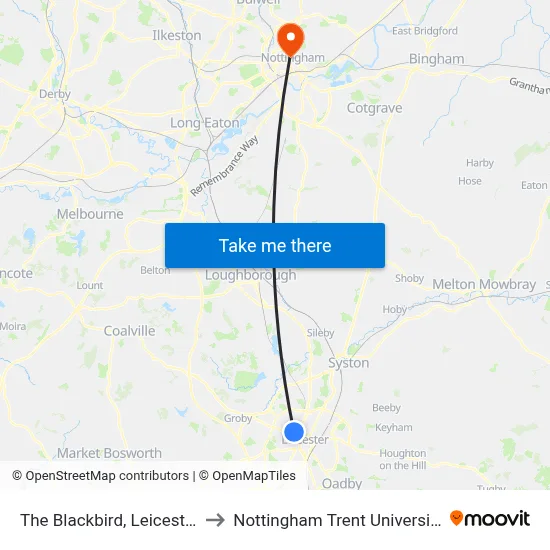 The Blackbird, Leicester to Nottingham Trent University map