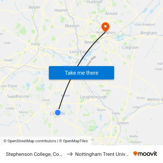 Stephenson College, Coalville to Nottingham Trent University map