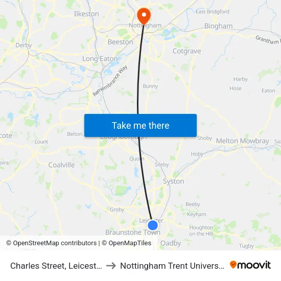 Charles Street, Leicester to Nottingham Trent University map