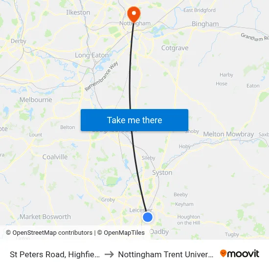 St Peters Road, Highfields to Nottingham Trent University map