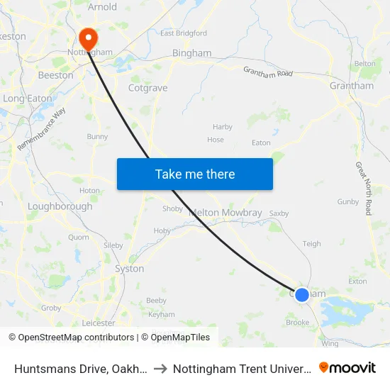 Huntsmans Drive, Oakham to Nottingham Trent University map