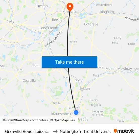 Granville Road, Leicester to Nottingham Trent University map