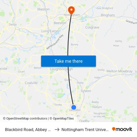 Blackbird Road, Abbey Park to Nottingham Trent University map