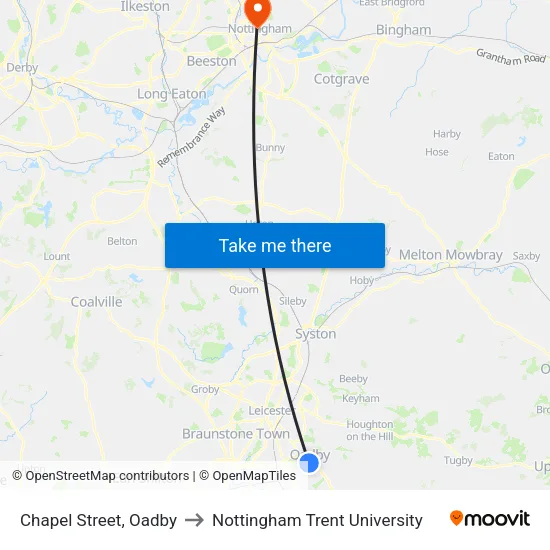 Chapel Street, Oadby to Nottingham Trent University map
