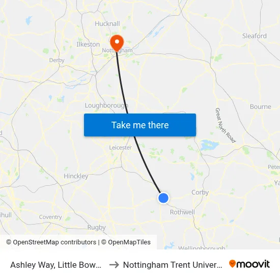 Ashley Way, Little Bowden to Nottingham Trent University map