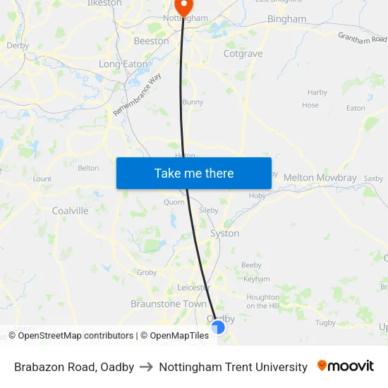 Brabazon Road, Oadby to Nottingham Trent University map