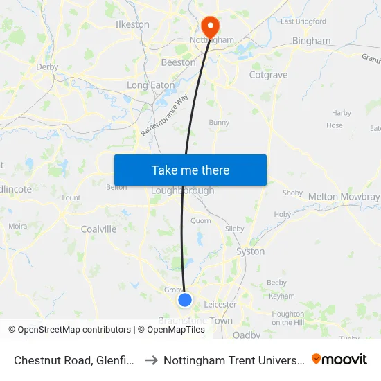 Chestnut Road, Glenfield to Nottingham Trent University map