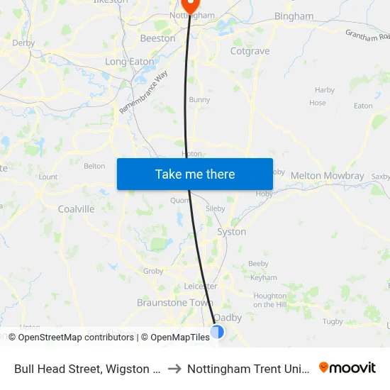Bull Head Street, Wigston Magna to Nottingham Trent University map