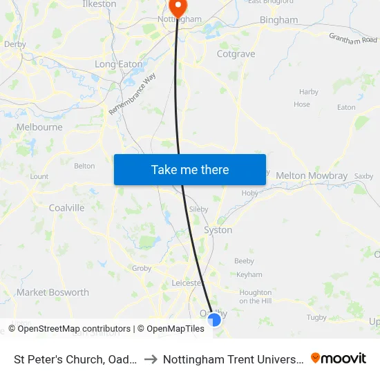 St Peter's Church, Oadby to Nottingham Trent University map