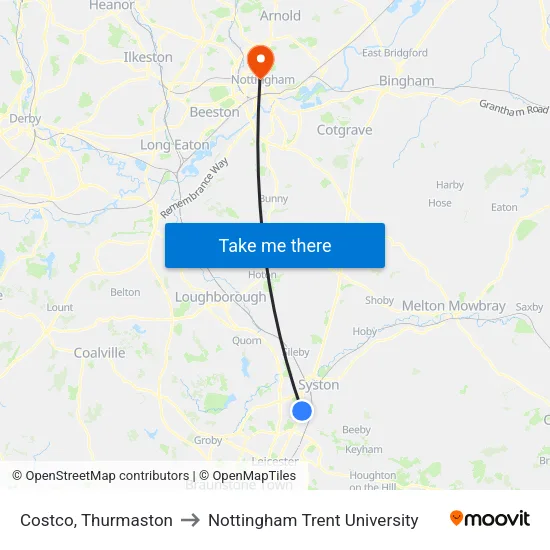 Costco, Thurmaston to Nottingham Trent University map