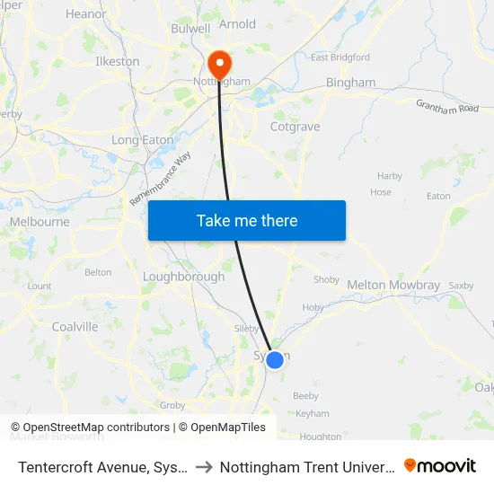 Tentercroft Avenue, Syston to Nottingham Trent University map