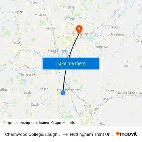 Charnwood College, Loughborough to Nottingham Trent University map