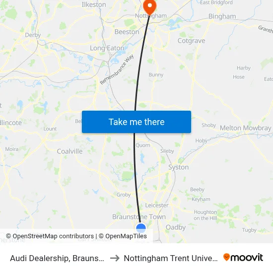 Audi Dealership, Braunstone to Nottingham Trent University map
