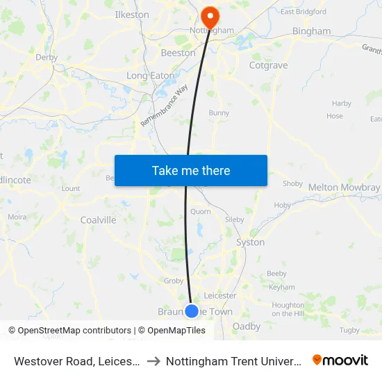 Westover Road, Leicester to Nottingham Trent University map