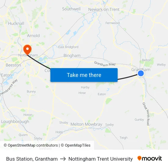Bus Station, Grantham to Nottingham Trent University map