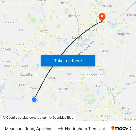 Measham Road, Appleby Magna to Nottingham Trent University map
