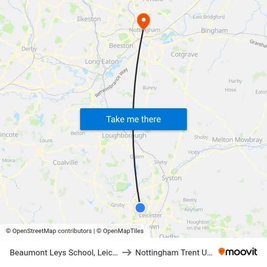 Beaumont Leys School, Leicester Frith to Nottingham Trent University map