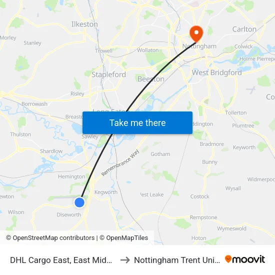 DHL Cargo East, East Mids Airport to Nottingham Trent University map