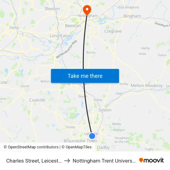 Charles Street, Leicester to Nottingham Trent University map