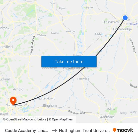 Castle Academy, Lincoln to Nottingham Trent University map