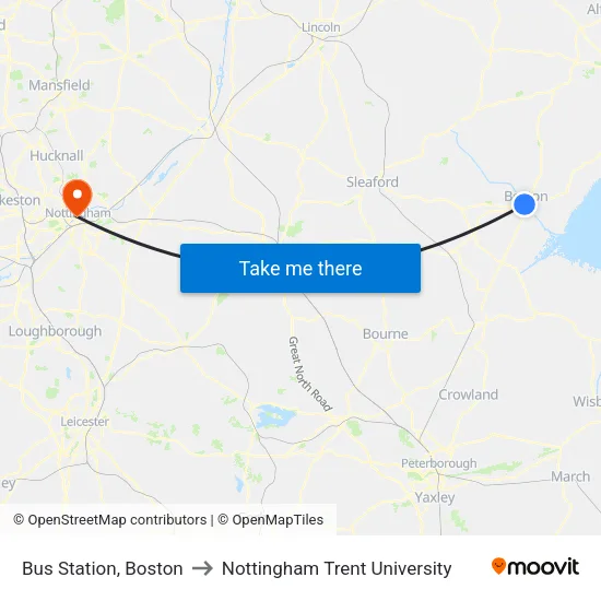 Bus Station, Boston to Nottingham Trent University map