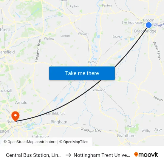 Central Bus Station, Lincoln to Nottingham Trent University map