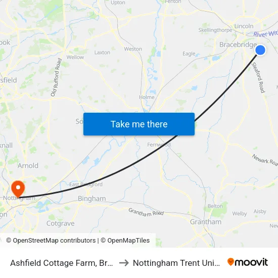 Ashfield Cottage Farm, Branston to Nottingham Trent University map