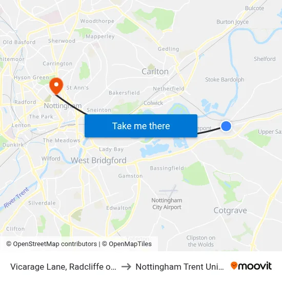 Vicarage Lane, Radcliffe on Trent to Nottingham Trent University map