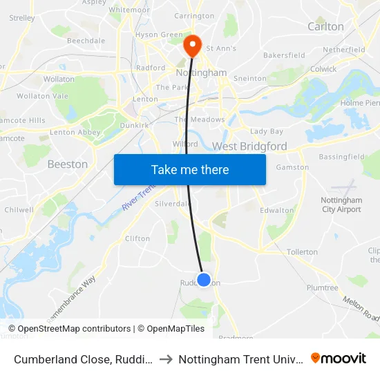 Cumberland Close, Ruddington to Nottingham Trent University map