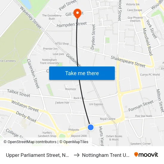 Upper Parliament Street, Nottingham to Nottingham Trent University map