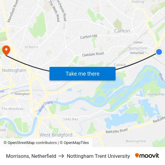 Morrisons, Netherfield to Nottingham Trent University map