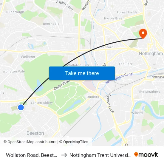 Wollaton Road, Beeston to Nottingham Trent University map