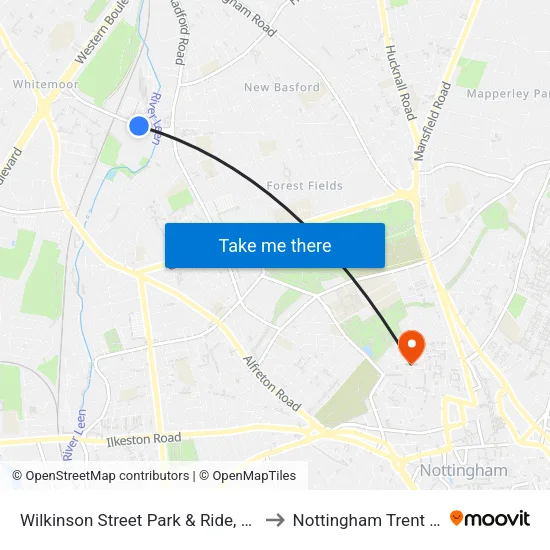 Wilkinson Street Park & Ride, Basford (Ba84) to Nottingham Trent University map