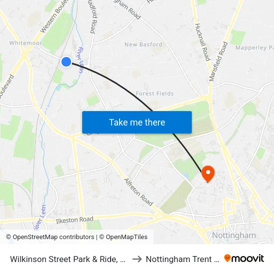 Wilkinson Street Park & Ride, Basford (Ba85) to Nottingham Trent University map