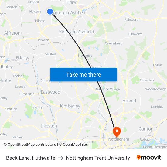 Back Lane, Huthwaite to Nottingham Trent University map