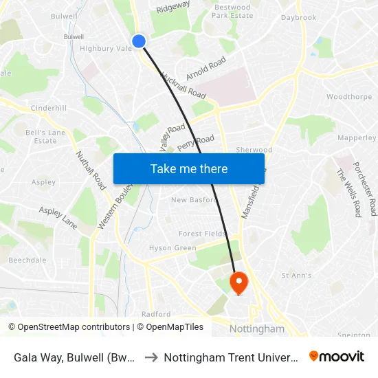Gala Way, Bulwell (Bw02) to Nottingham Trent University map