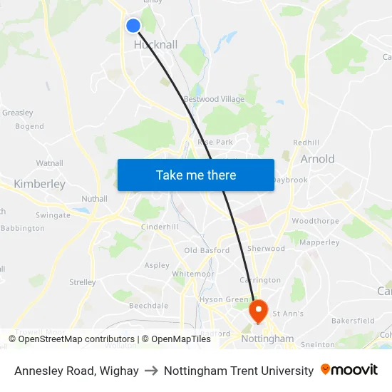 Annesley Road, Wighay to Nottingham Trent University map